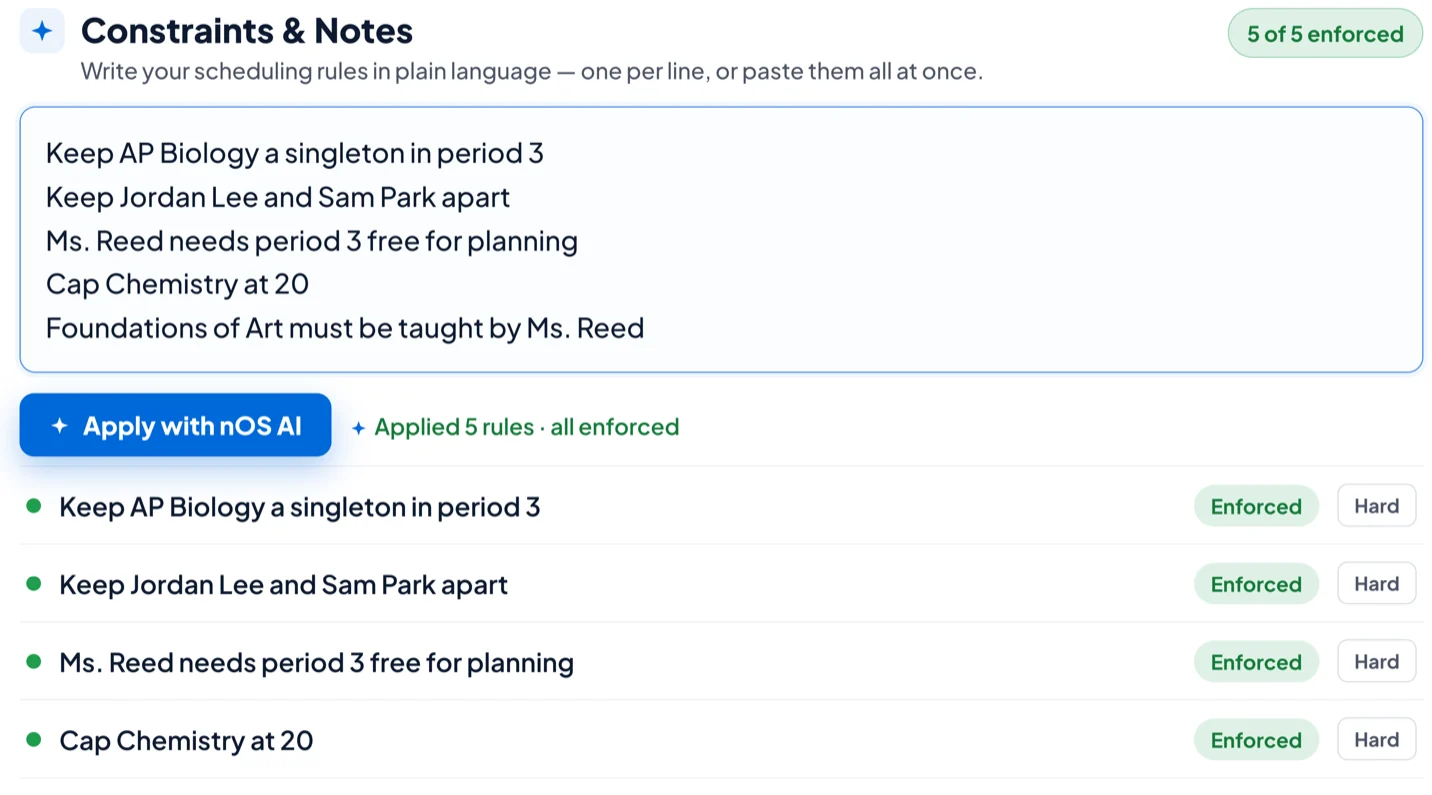 Rules typed in plain English, applied, and reported back as enforced.