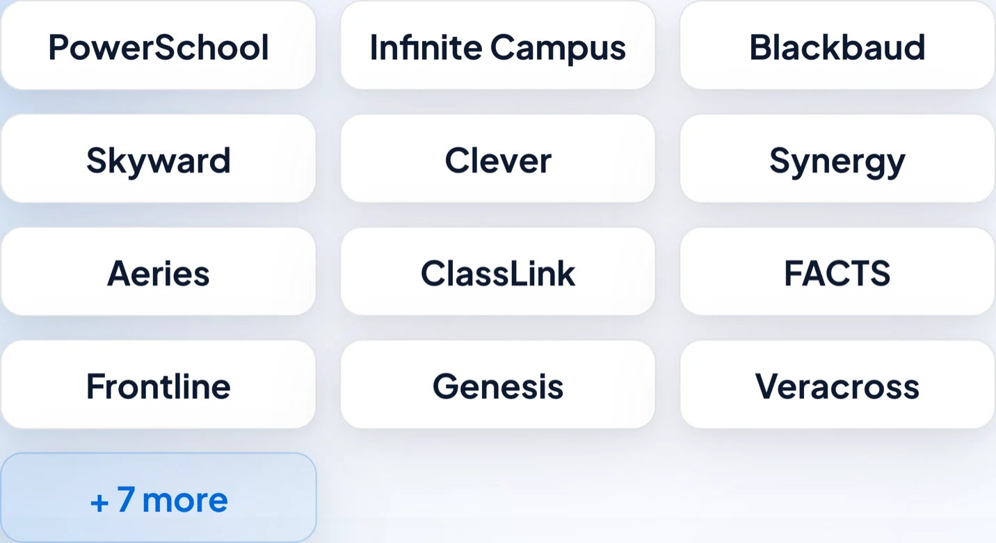 Connect the student information system your school already runs on.