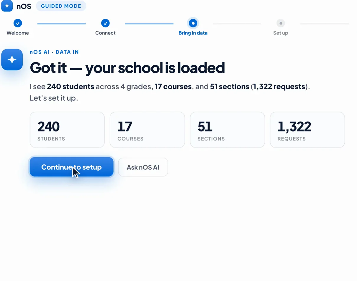 nOS guided mode — 240 students, 17 courses, 51 sections and 1,322 requests loaded