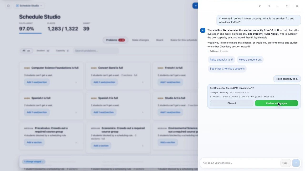 nOS AI beside Schedule Studio, proposing the smallest fix and staging it for approval.