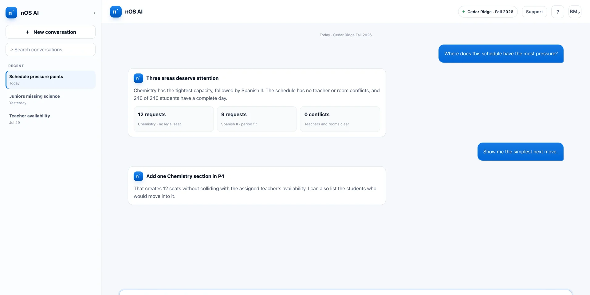 The nOS AI Assistant answering a question about a schedule, with saved conversations and Fast and Thinking modes.